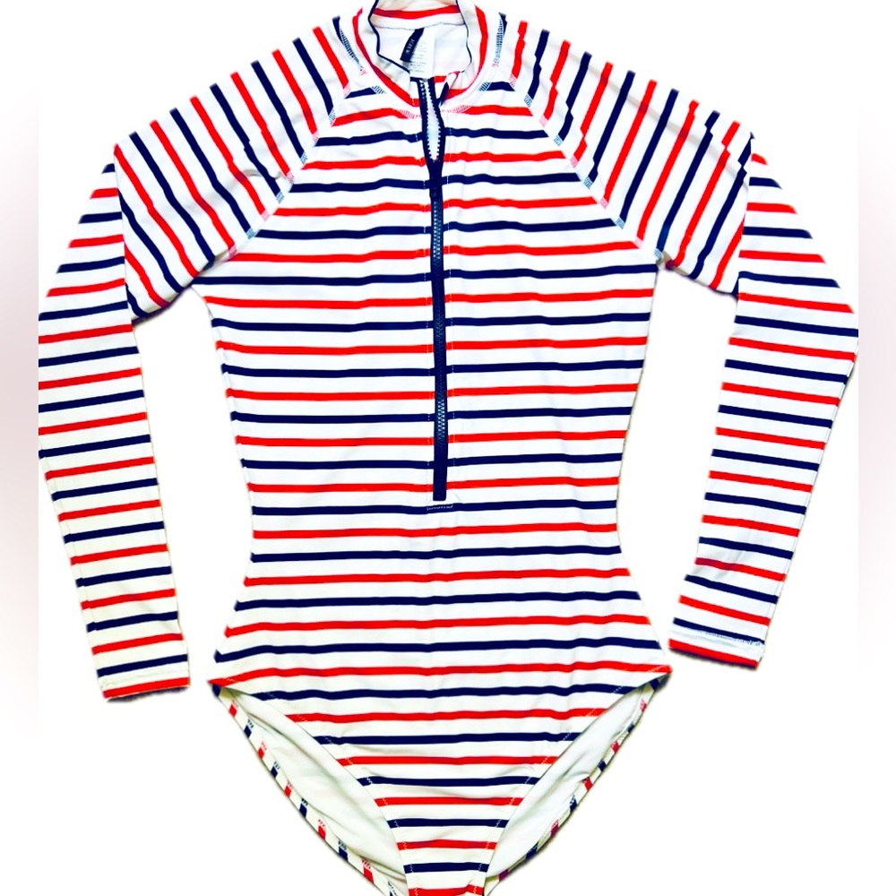 J.Crew Long-Sleeve One-Piece Swimsuit, White Grotto Red, size 6